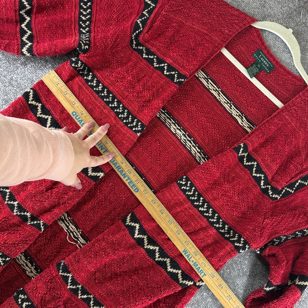 Vtg Lauren Ralph Lauren Red Southwestern Stripe Cardigan XL Linen Hand Knit - Picture 3 of 9